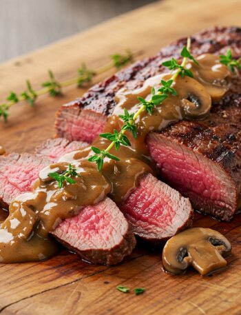 Grilled venison steak sliced to show medium-rare doneness, topped with brown mushroom sauce and fresh thyme on wooden serving board