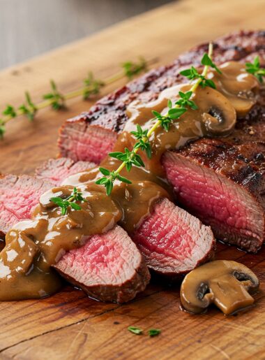 Grilled venison steak sliced to show medium-rare doneness, topped with brown mushroom sauce and fresh thyme on wooden serving board