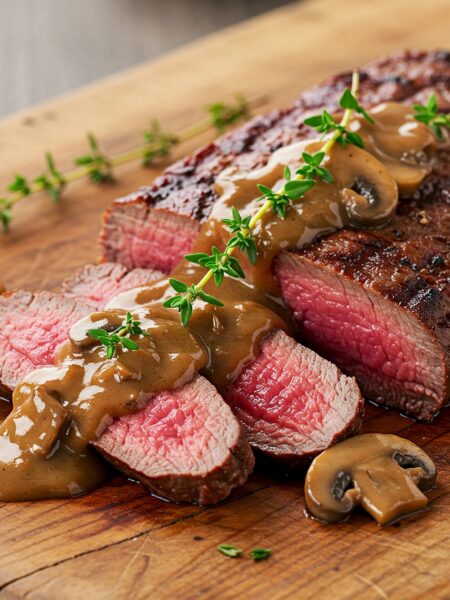 Grilled venison steak sliced to show medium-rare doneness, topped with brown mushroom sauce and fresh thyme on wooden serving board