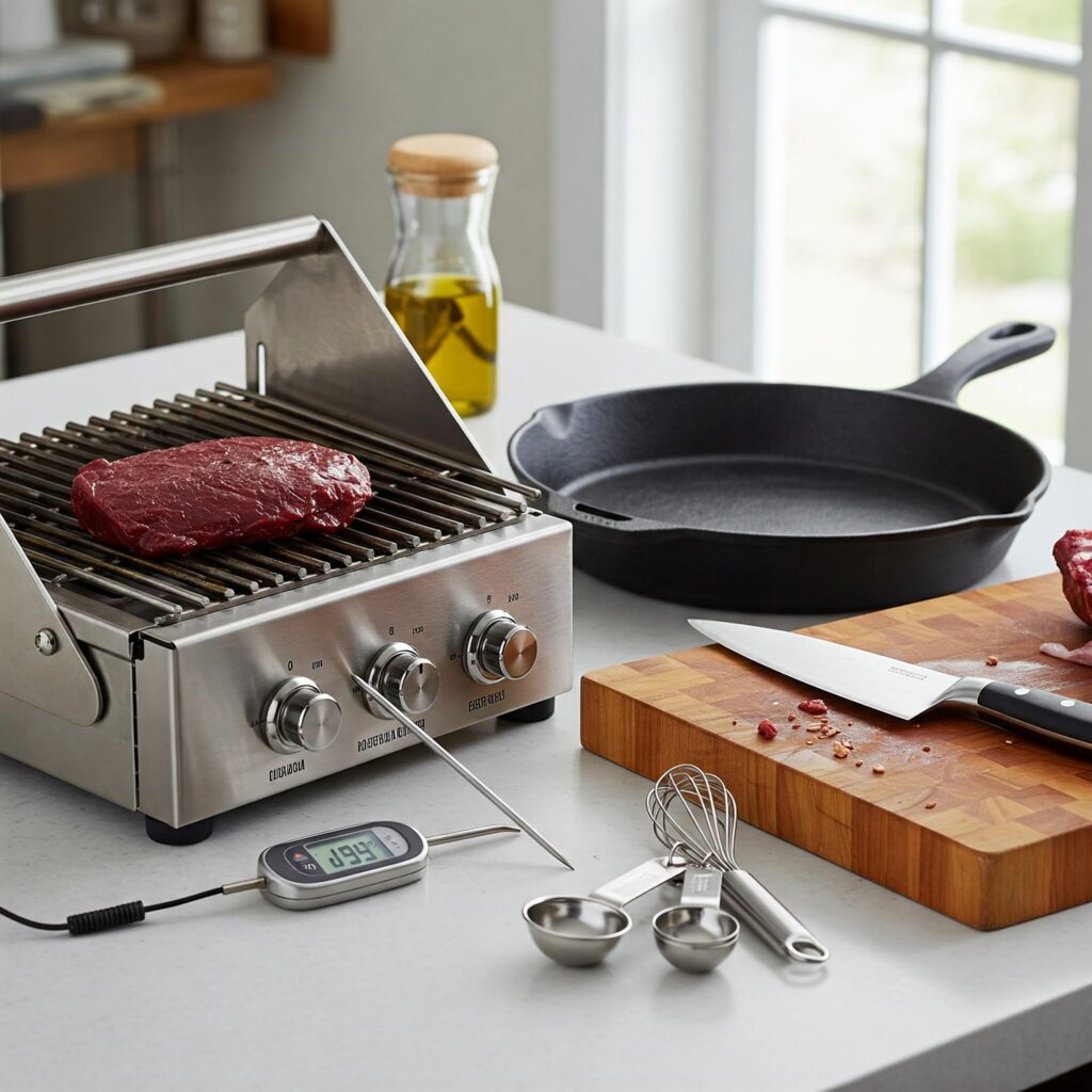 Collection of cooking equipment including grill pan, thermometer, skillet, and utensils needed for venison steak recipe