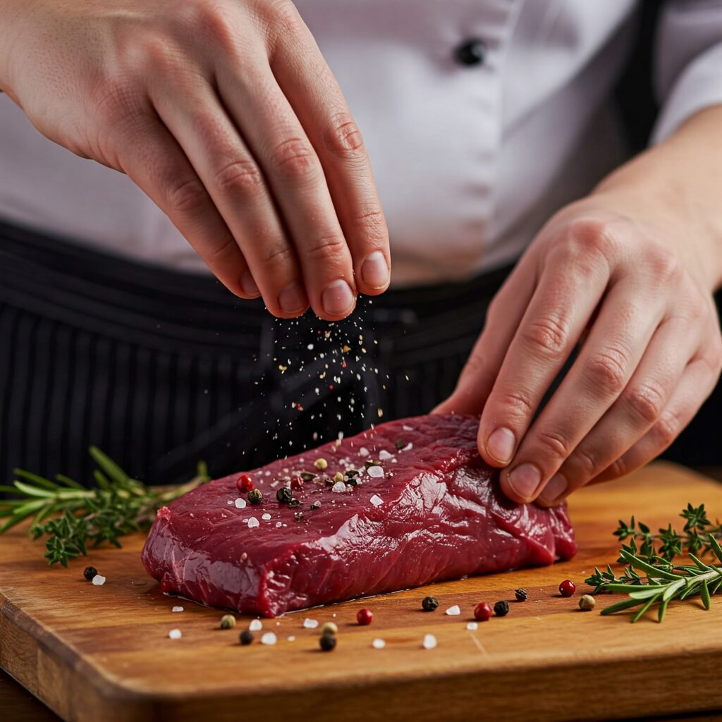 cooking process showing key steps in preparing grilled venison with mushroom sauce