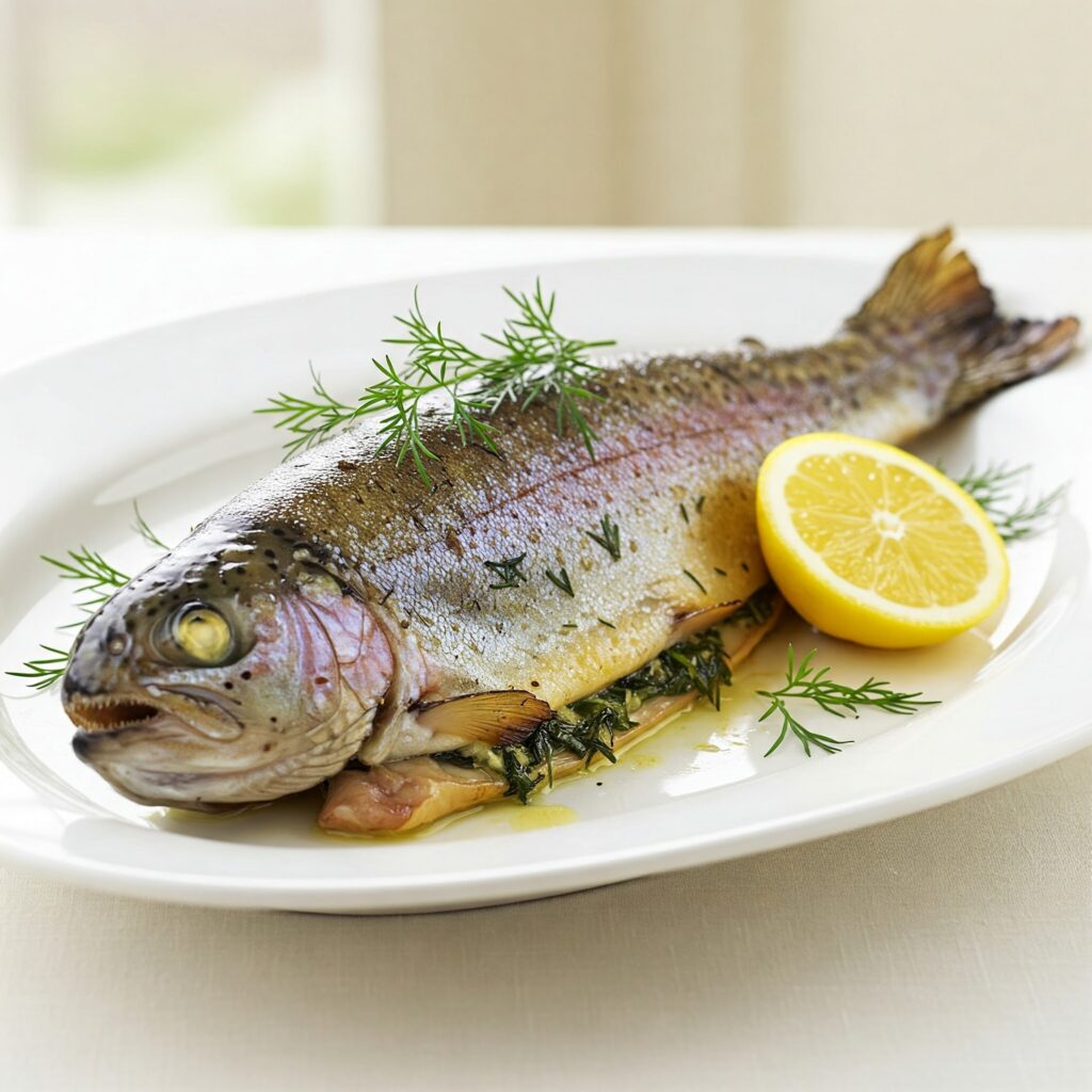 Golden-brown herb-crusted rainbow trout fillet with fresh herb garnish on white plate