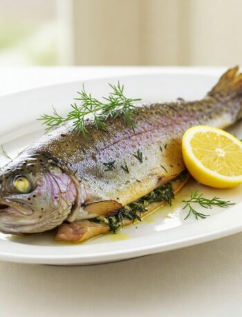 Golden-brown herb-crusted rainbow trout fillet with fresh herb garnish on white plate