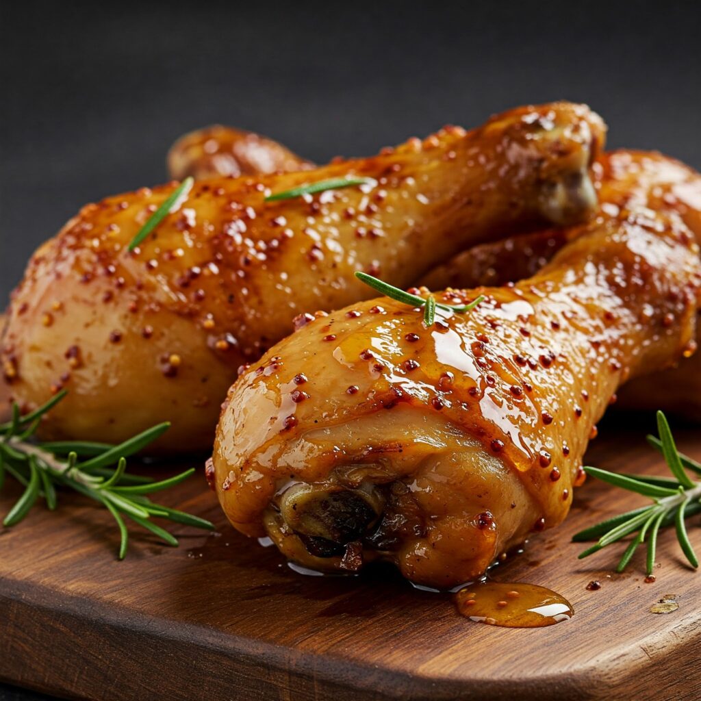 Golden-brown honey-mustard glazed chicken legs with fresh rosemary on wooden board