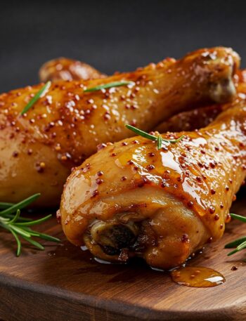 Golden-brown honey-mustard glazed chicken legs with fresh rosemary on wooden board