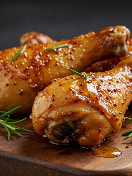 Golden-brown honey-mustard glazed chicken legs with fresh rosemary on wooden board