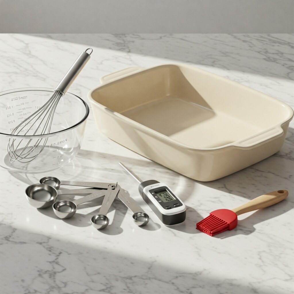 Essential cooking equipment for honey-mustard chicken laid out on marble counter