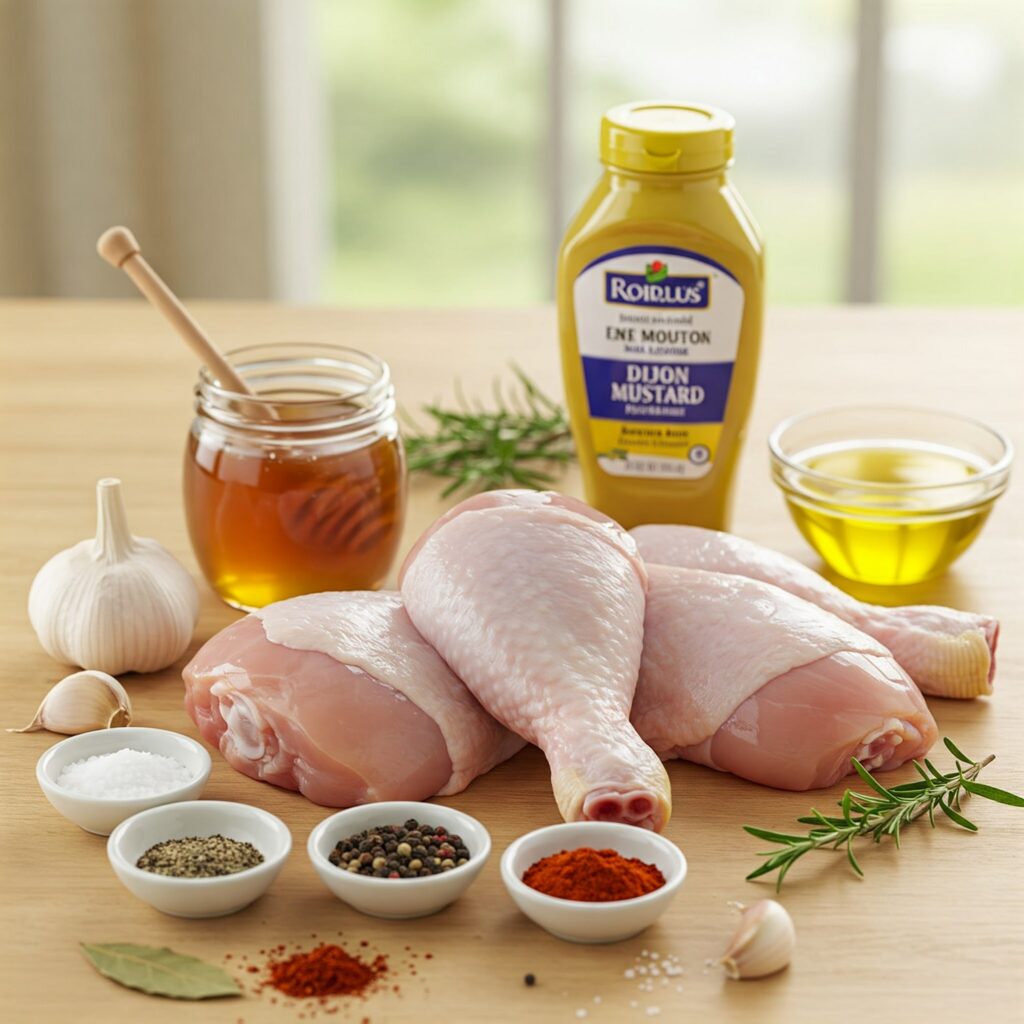 Raw ingredients for honey-mustard glazed chicken recipe displayed on wooden surface