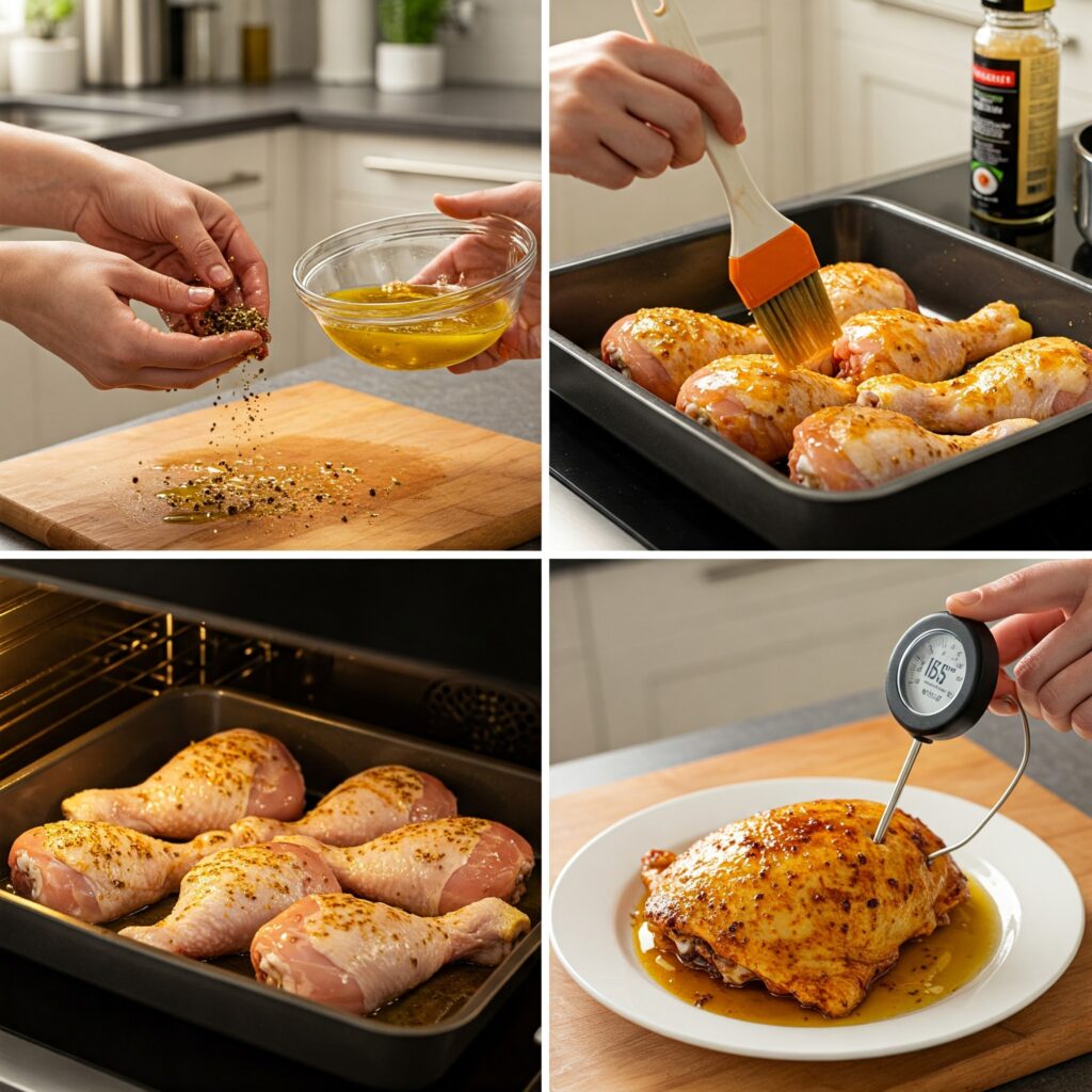 Step-by-step preparation of honey-mustard glazed chicken from raw to cooked