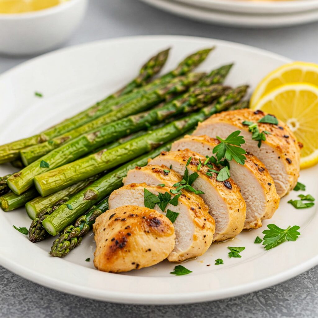 Gourmet lemon herb chicken with roasted asparagus, professionally plated with fresh herb garnish