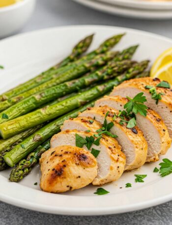 Gourmet lemon herb chicken with roasted asparagus, professionally plated with fresh herb garnish