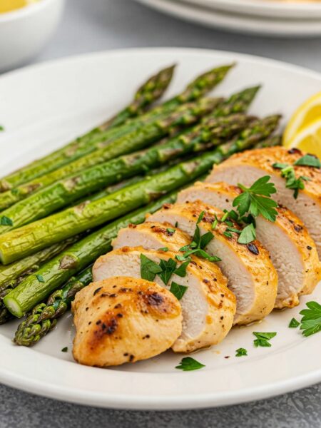 Gourmet lemon herb chicken with roasted asparagus, professionally plated with fresh herb garnish