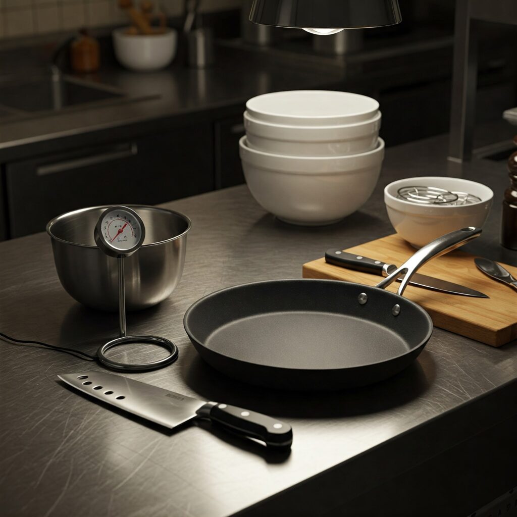 Professional kitchen tools and equipment needed for preparing lemon herb chicken recipe