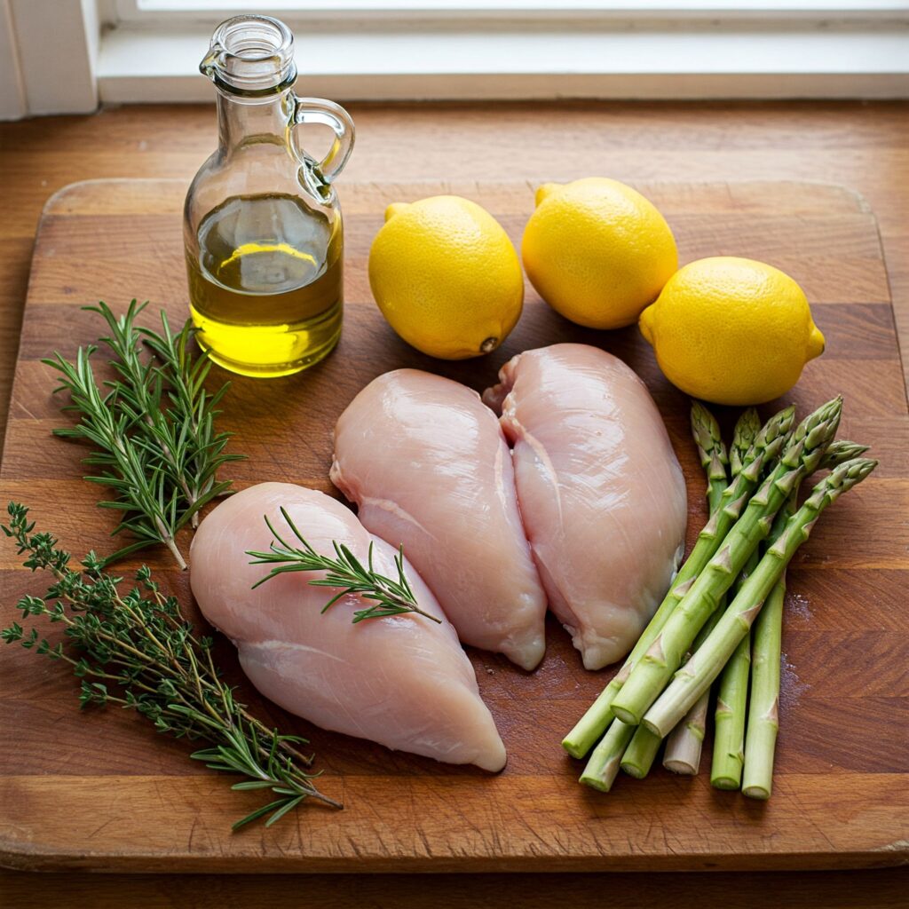 Fresh ingredients for Mediterranean chicken recipe arranged artfully on wooden surface