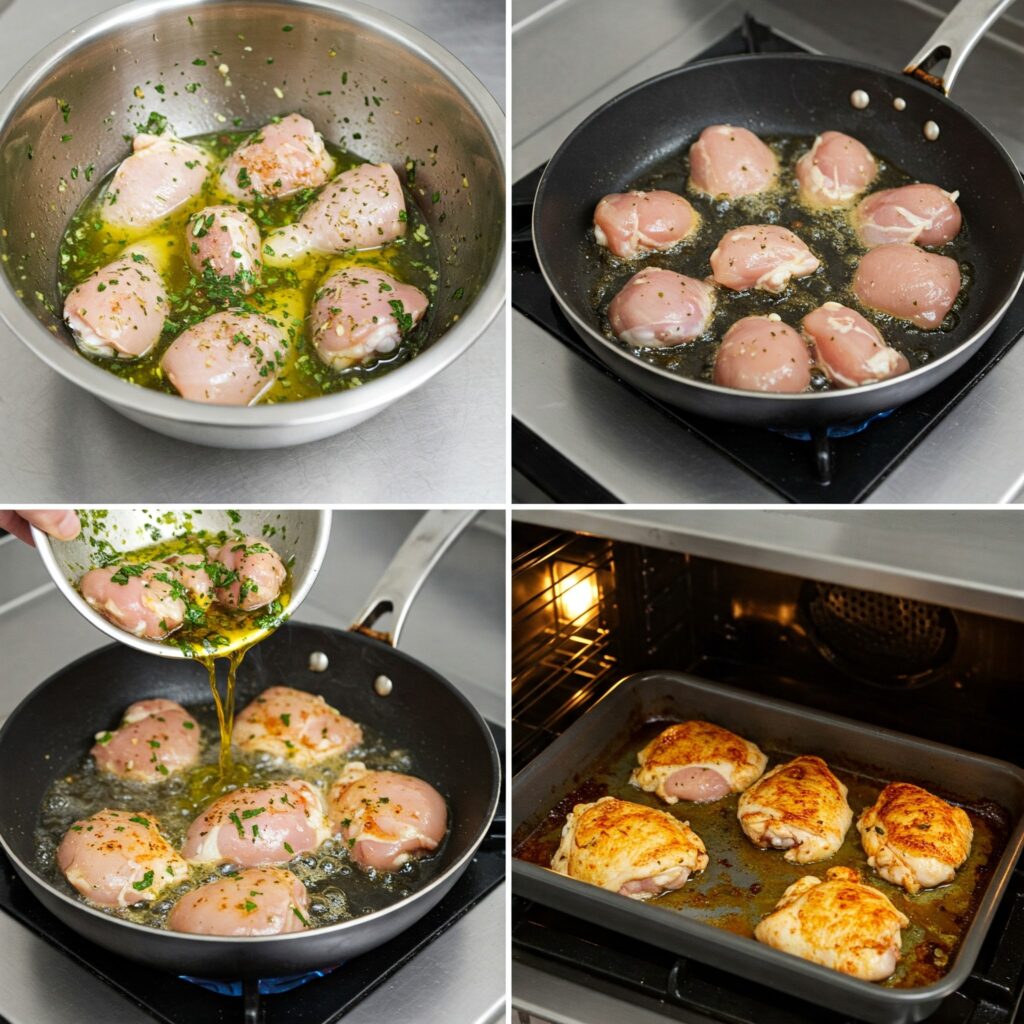 Sequential cooking stages of lemon herb chicken preparation in professional kitchen
