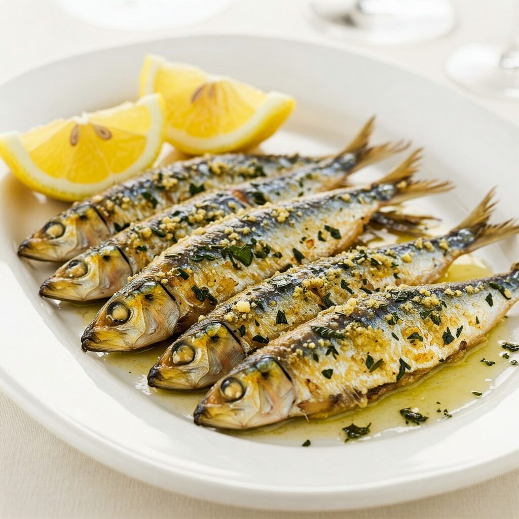 Crispy Mediterranean sardines garnished with fresh herbs
