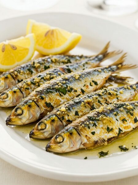 Crispy Mediterranean sardines garnished with fresh herbs