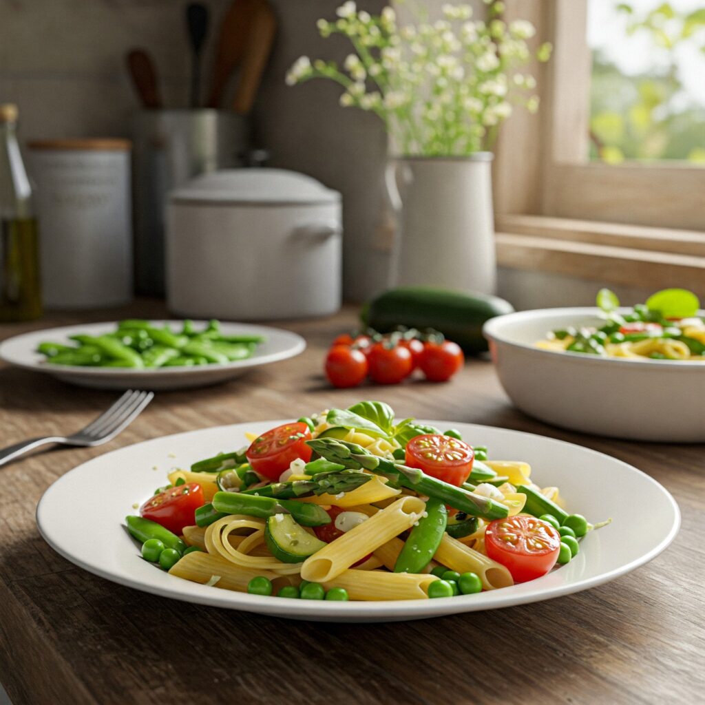 Colorful pasta primavera with mixed vegetables, garnished with fresh basil leaves