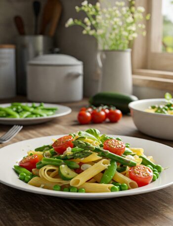Colorful pasta primavera with mixed vegetables, garnished with fresh basil leaves