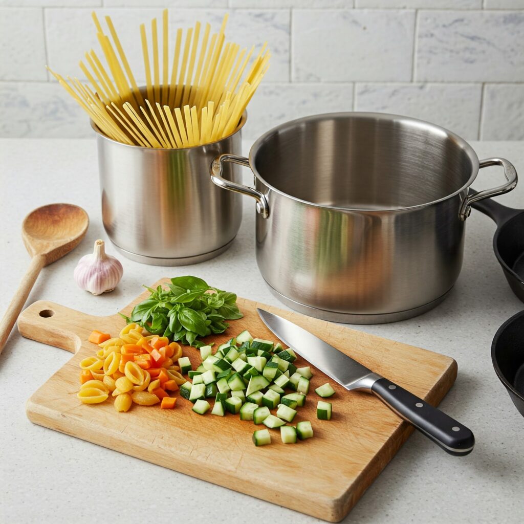 Cooking tools and equipment needed to prepare pasta primavera, neatly arranged