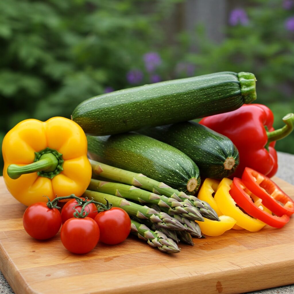 Raw ingredients for pasta primavera, showcasing colorful seasonal vegetables