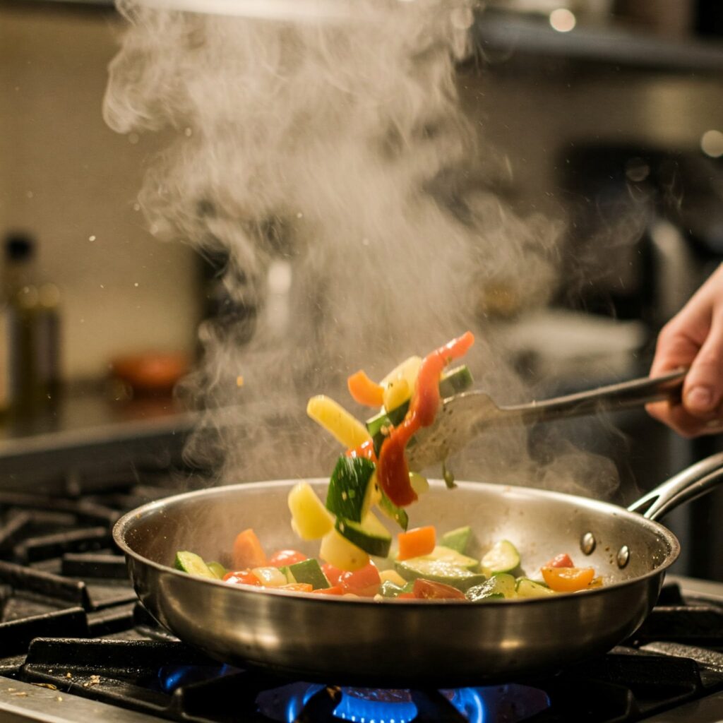 Cooking process of pasta primavera, vegetables being sautéed in a professional kitchen