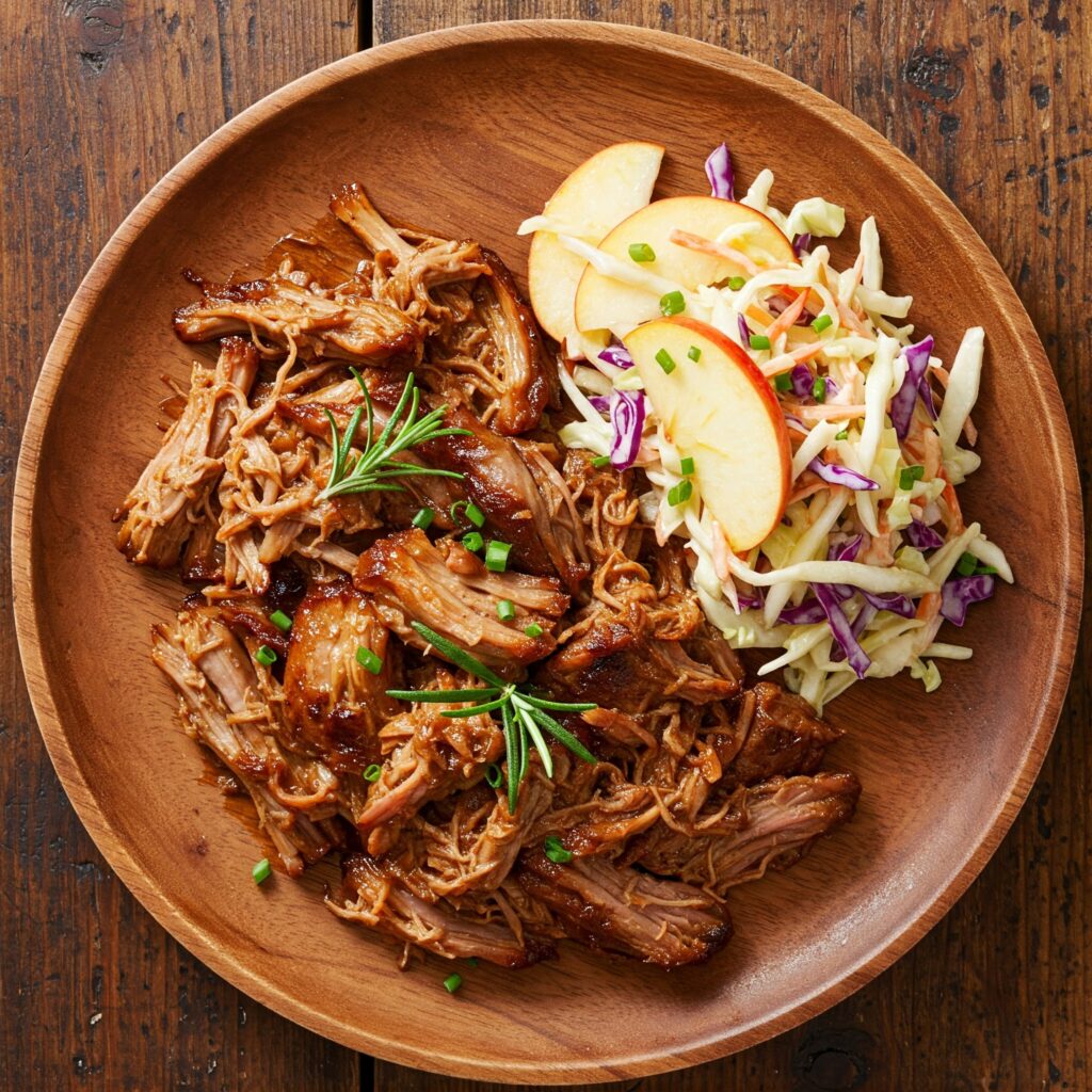 ender pulled pork served with fresh apple-cabbage slaw on a wooden plate