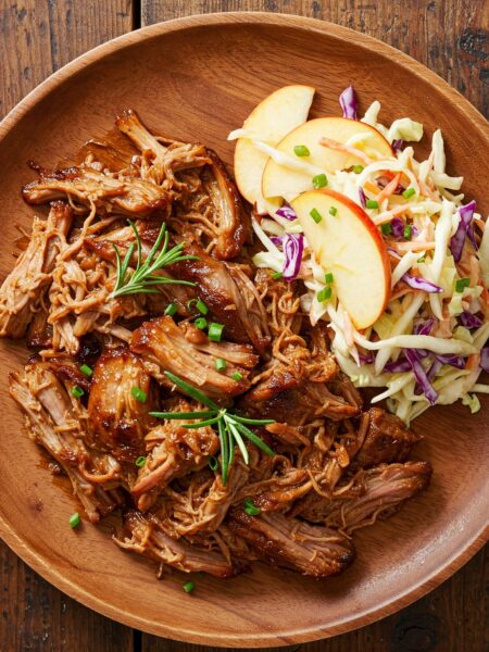 ender pulled pork served with fresh apple-cabbage slaw on a wooden plate