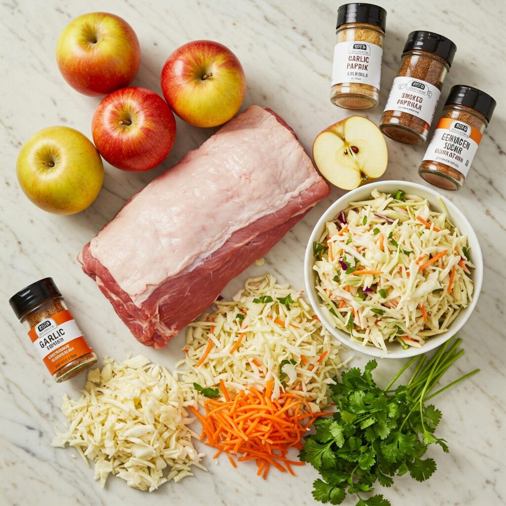 Raw ingredients for pulled pork and apple slaw arranged on marble counter