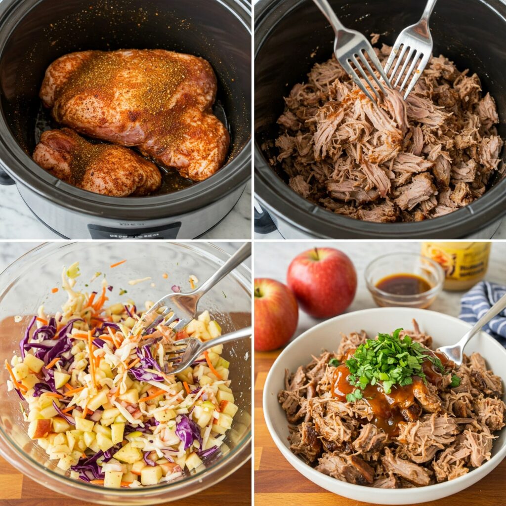 Step-by-step process of making pulled pork and apple slaw