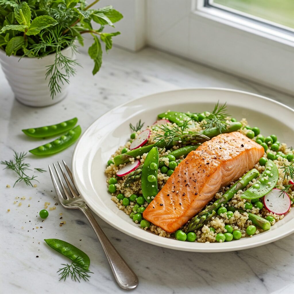 olorful quinoa salad with seared salmon, garnished with fresh dill and radish slices on a marble background
