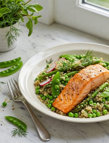 olorful quinoa salad with seared salmon, garnished with fresh dill and radish slices on a marble background