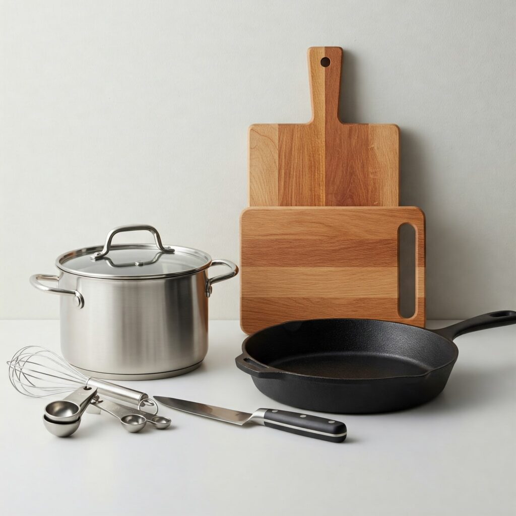 Essential kitchen tools and equipment for preparing salmon quinoa salad, neatly arranged