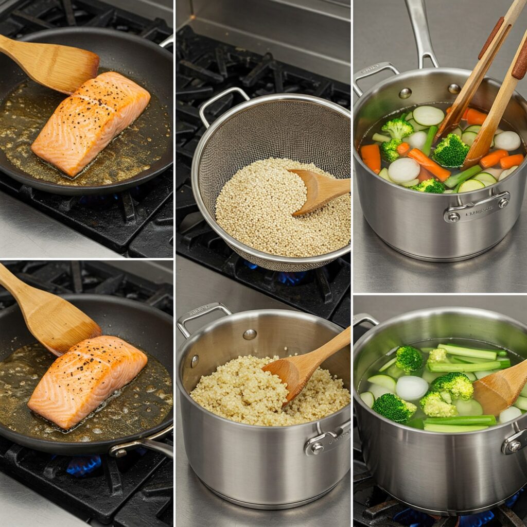 Cooking stages of salmon quinoa salad, including salmon searing in skillet and vegetable blanching