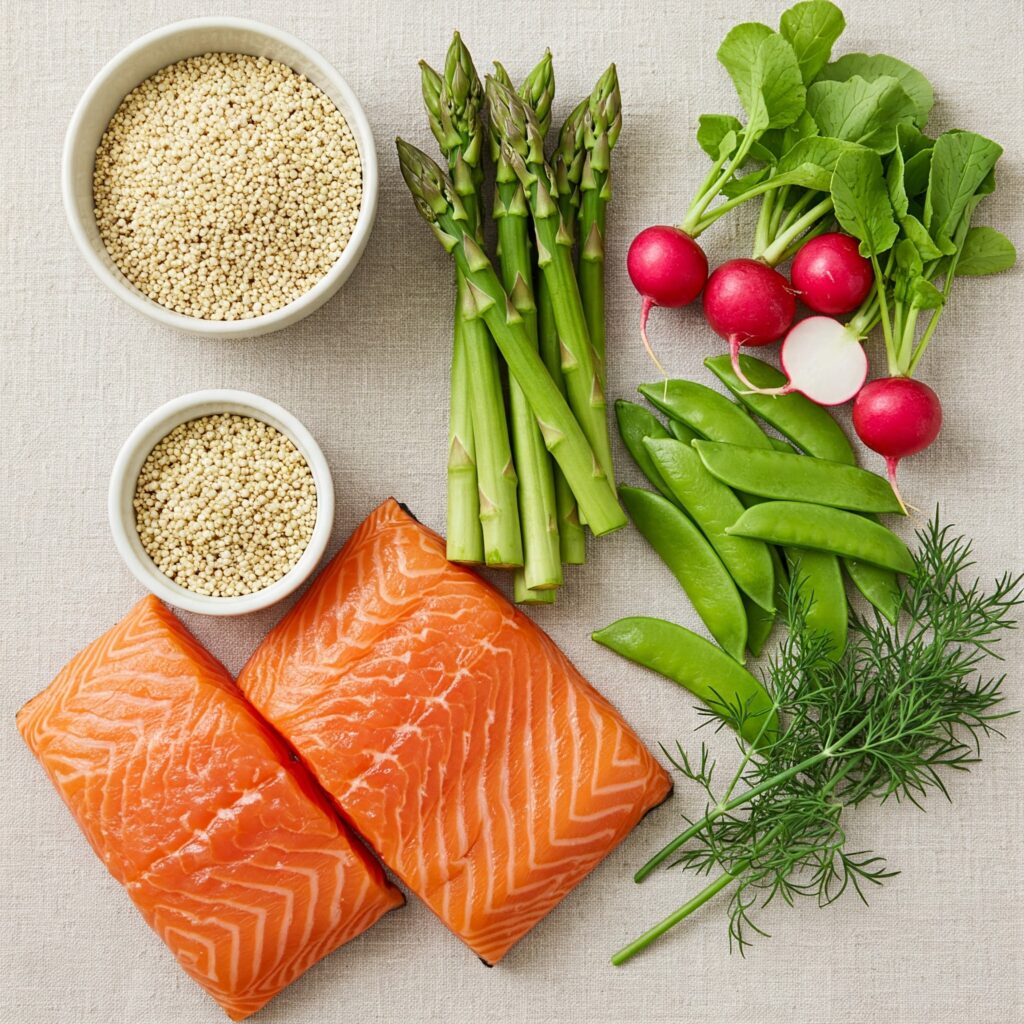 Raw ingredients for salmon quinoa salad neatly arranged, showcasing fresh produce and salmon fillets