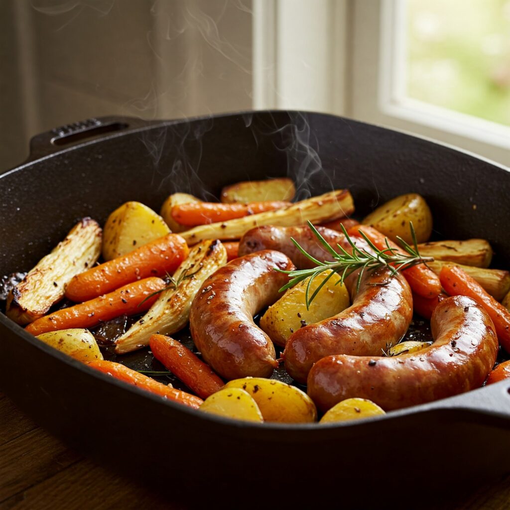 Paleo sausage and root vegetable bake in a cast iron roasting pan with herbs scattered around