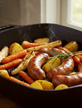 Paleo sausage and root vegetable bake in a cast iron roasting pan with herbs scattered around