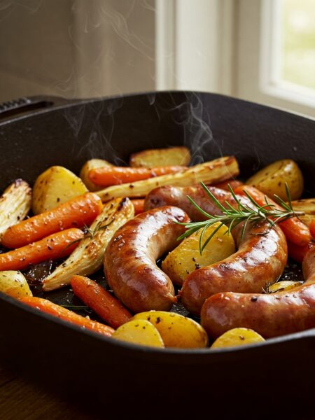 Paleo sausage and root vegetable bake in a cast iron roasting pan with herbs scattered around