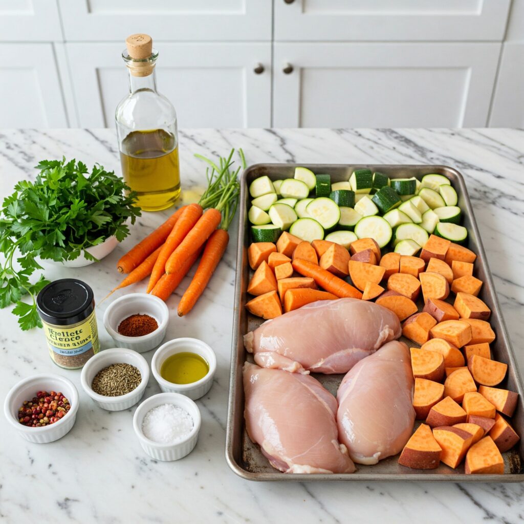 Raw ingredients for paleo chicken recipe including bone-in chicken breasts, sweet potatoes, bell peppers, Brussels sprouts, fresh herbs, and cooking oils