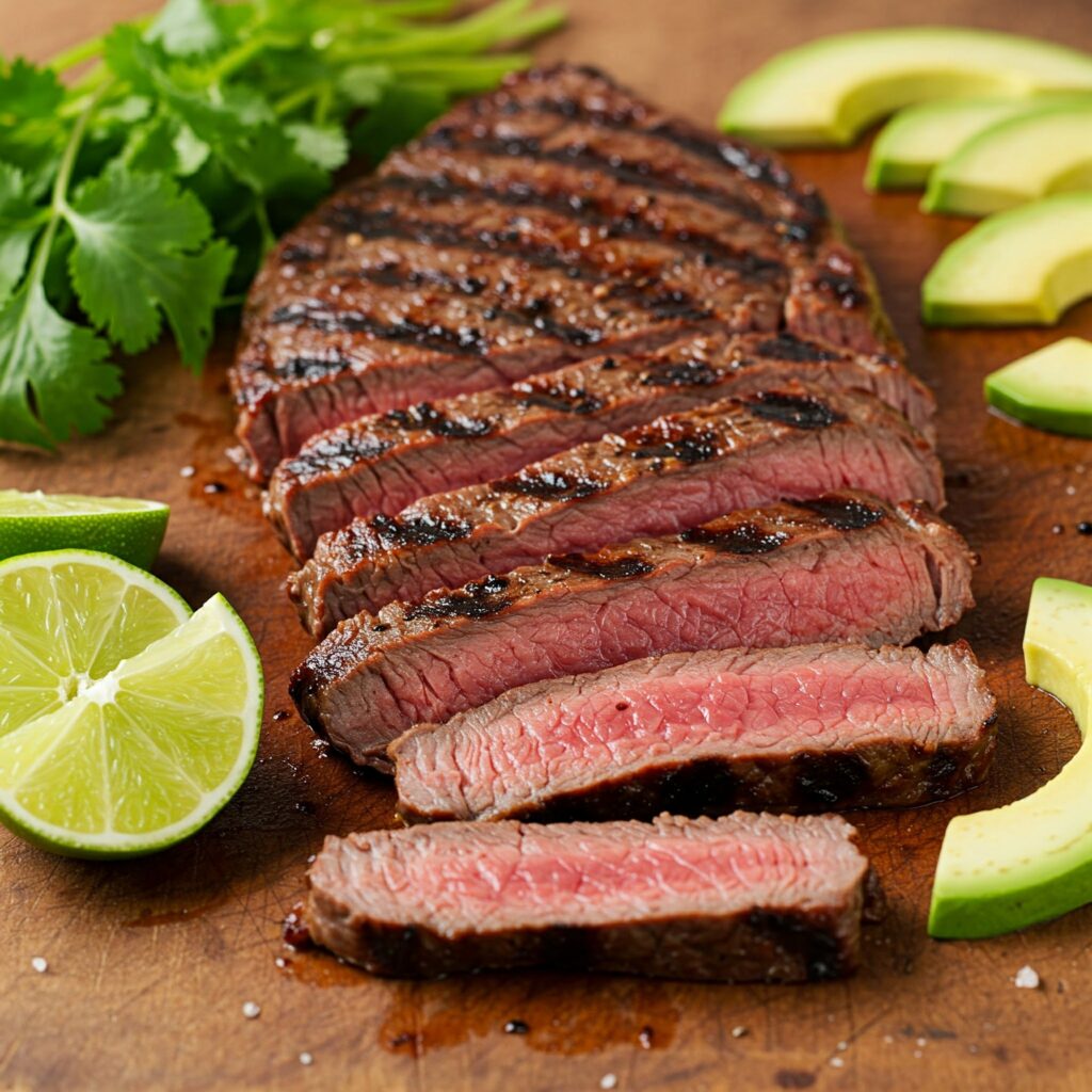 Grilled flank steak on wooden board with fresh garnishes