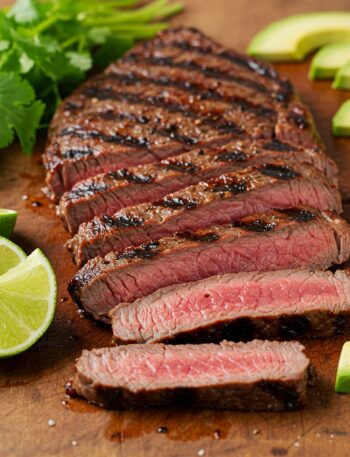 Grilled flank steak on wooden board with fresh garnishes