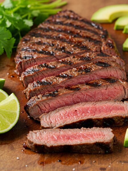 Grilled flank steak on wooden board with fresh garnishes