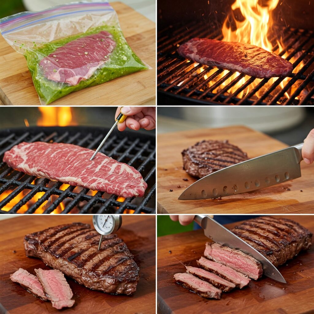 Six-step cooking process of flank steak preparation