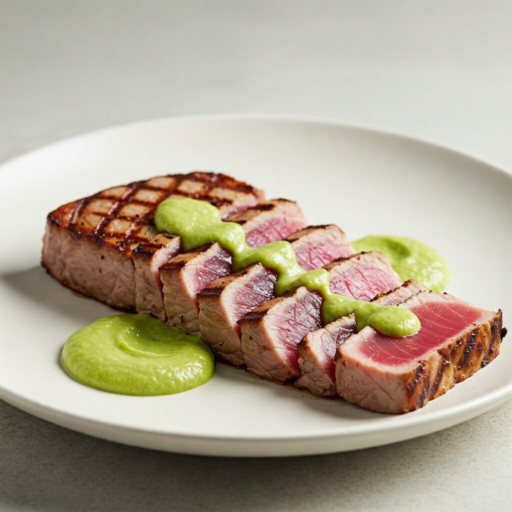 Seared rare tuna steak with creamy avocado sauce on white plate