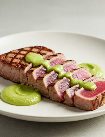 Seared rare tuna steak with creamy avocado sauce on white plate