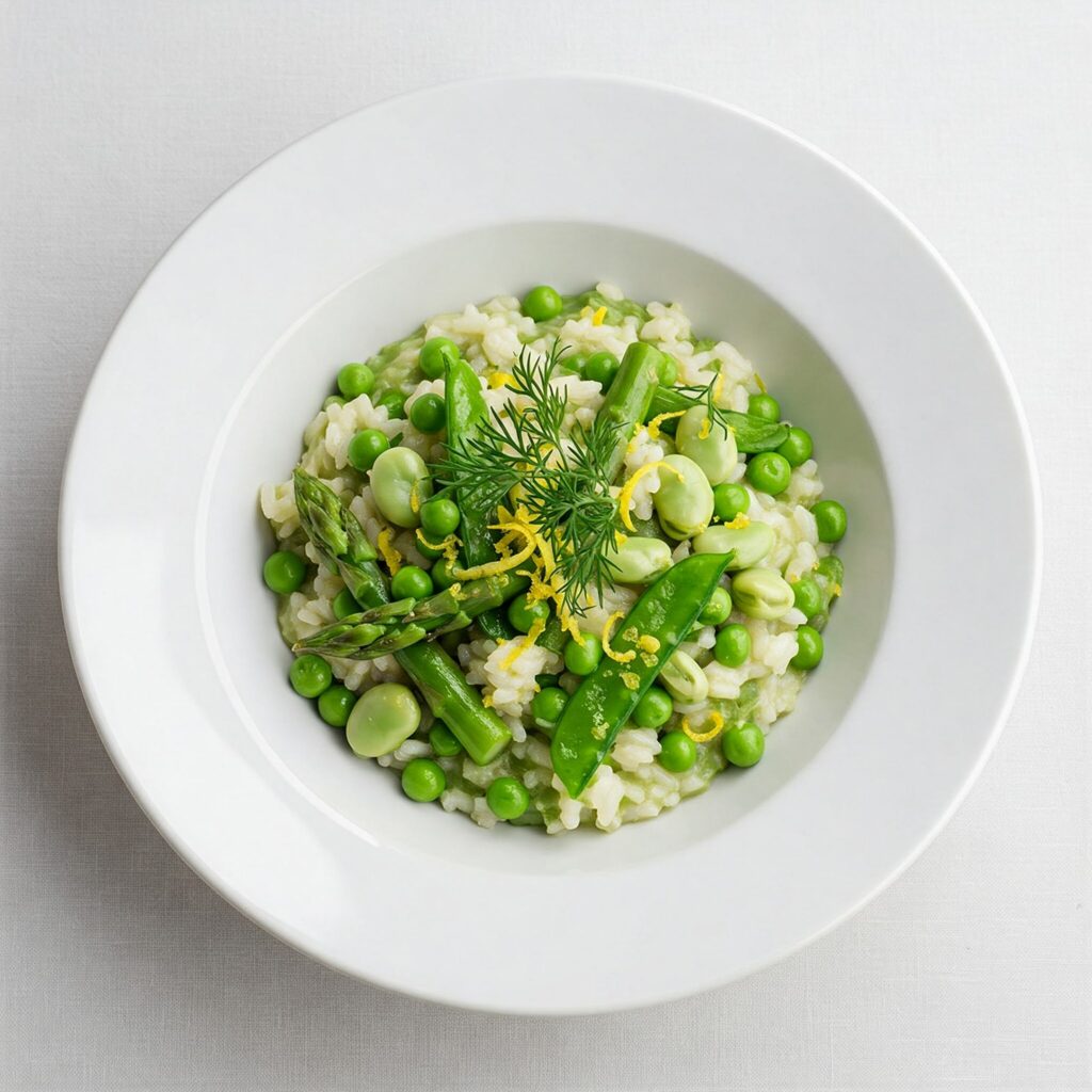 Creamy risotto with green asparagus and peas, topped with fresh herbs in a white ceramic bow