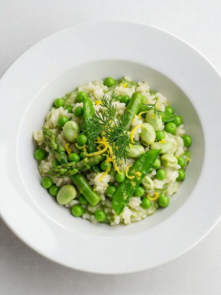 Creamy risotto with green asparagus and peas, topped with fresh herbs in a white ceramic bow