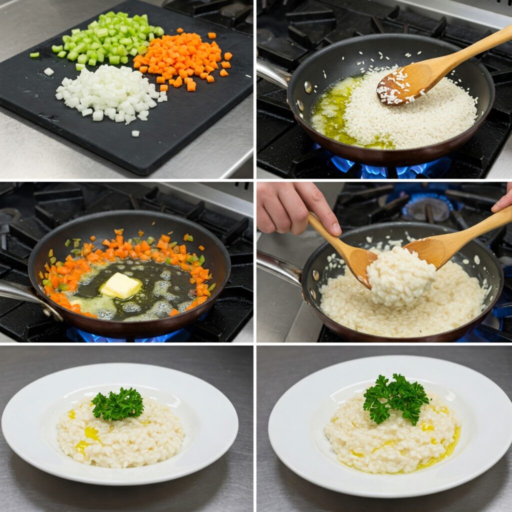 Sequential images showing risotto preparation stages with professional cooking techniques