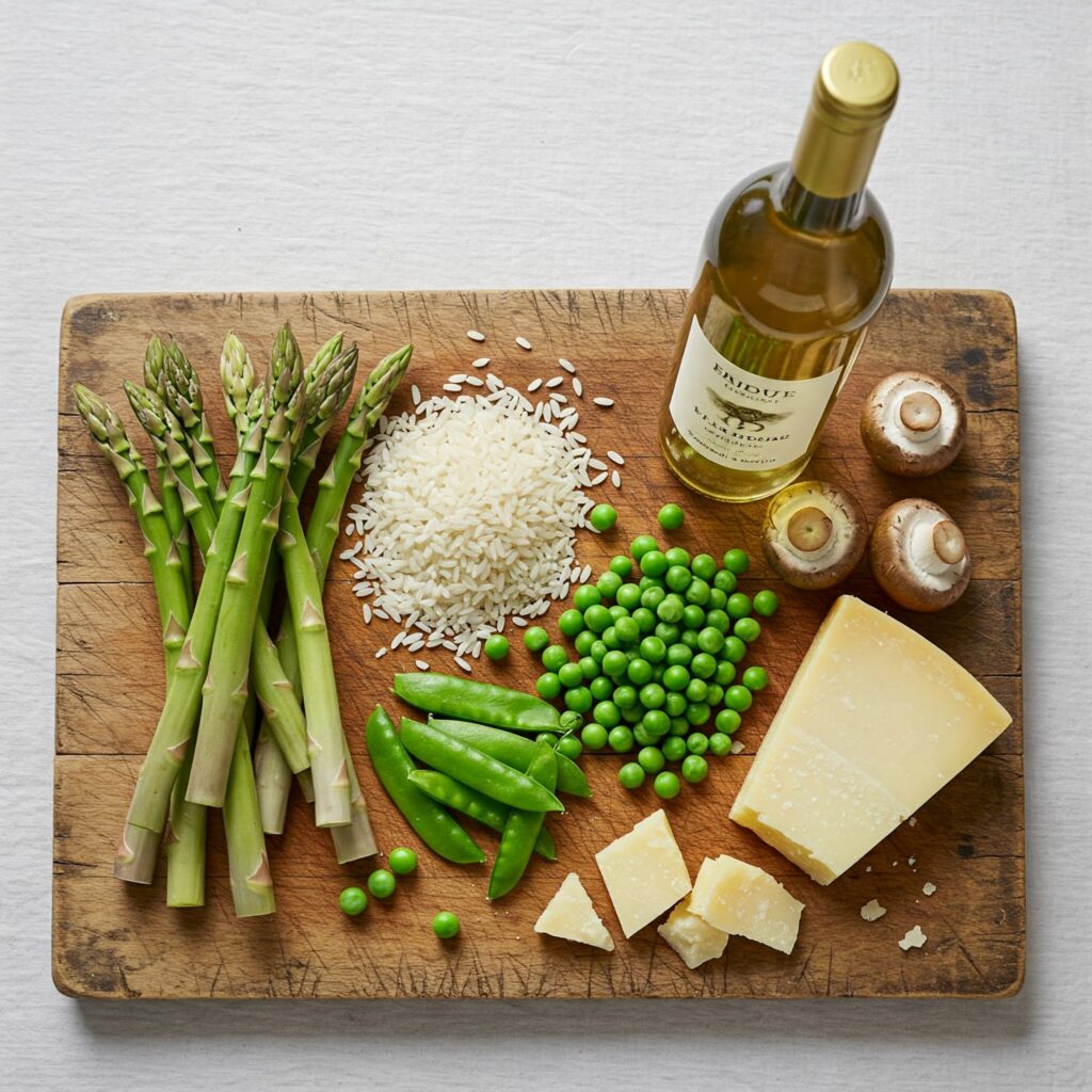 Colorful spring vegetables and risotto ingredients neatly arranged on wooden surface