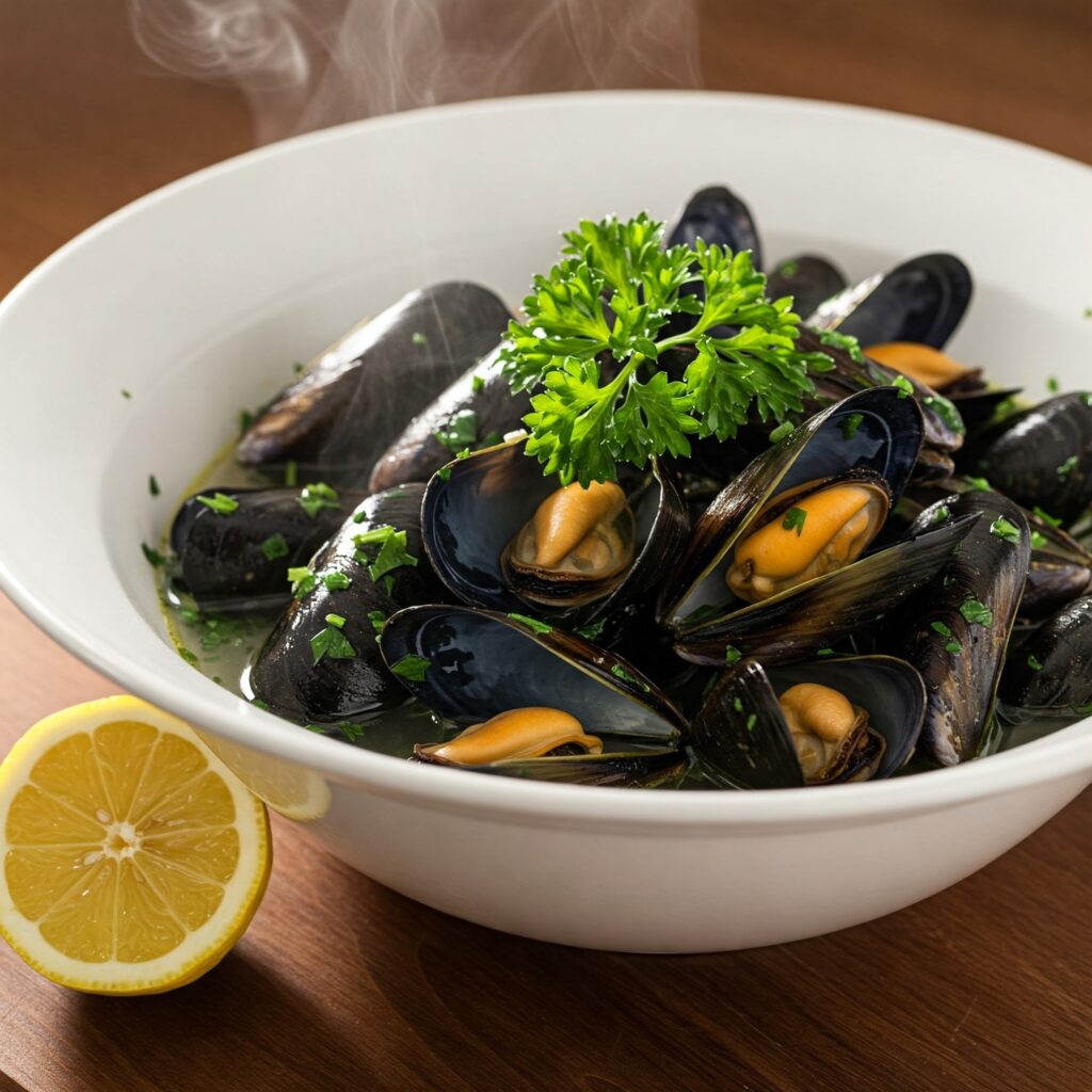 Steamed mussels in garlic-herb broth garnished with fresh parsley and lemon